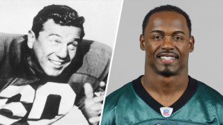 Chuck Bednarik as seen in this 1959 portrait, left; on right, Brian Dawkins poses for a 2005 headshot.