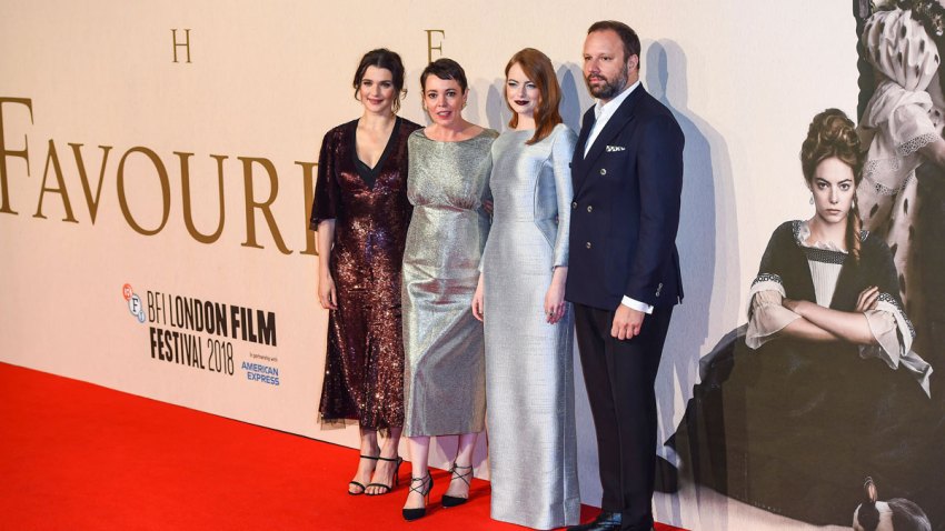 (L-R) Rachel Weisz, Olivia Colman, Emma Stone and Yorgos Lanthi