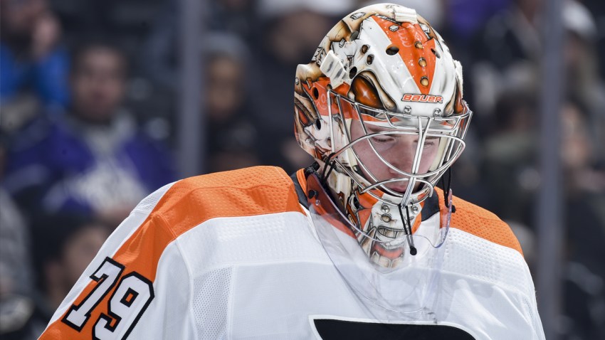 Carter Hart #79 of the Philadelphia Flyers reacts to the game