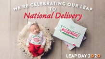 Advertisement for Krispy Kreme's Leap to National Deliver. It features a baby and a Krispy Kreme Box.