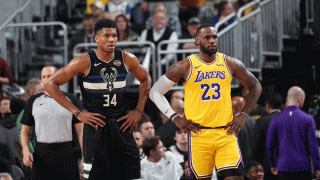 Giannis Antetokounmpo of the Milwaukee Bucks and LeBron James of the Los Angeles Lakers during a game on Dec. 19, 2019, at the Fiserv Forum Center in Milwaukee.