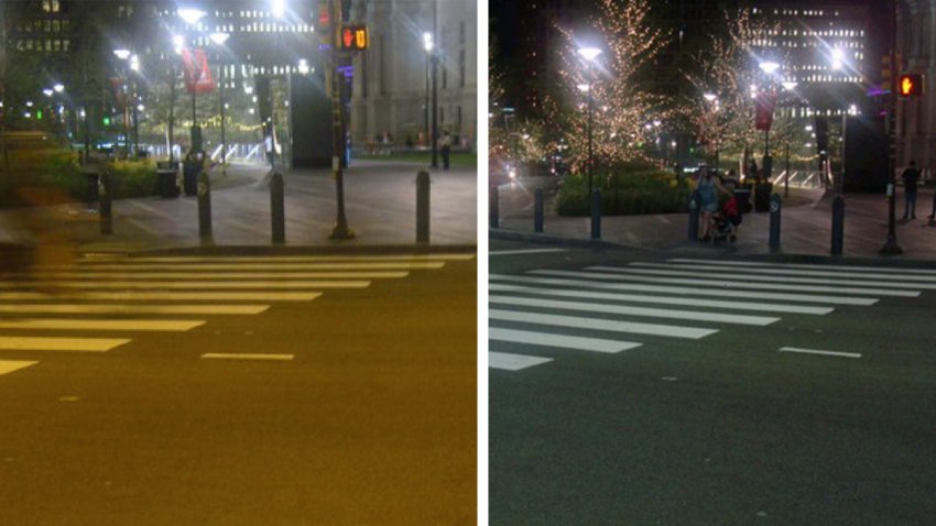 Left: An area outside Philadelphia City Hall lit up by incandescent streetlights. Right: An area outside Philadelphia City Hall lit up by LED streetlights.