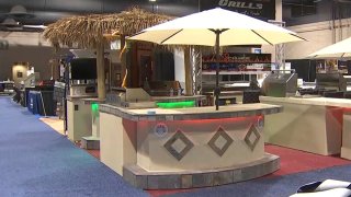 Tiki huts at the Philly Home Show.