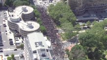 Thousands gathered to protest for a third day in Center City, Philadelphia, Monday, June 1, 2020. The crowd seen here is outside Philadelphia police headquarters, known as "the Roundhouse," to the left.