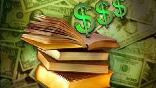 Dollar signs coming out of books on a background of money