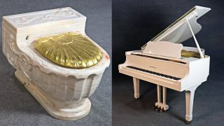 Sinatra's marble toilet with a gold lid and Sinatra's white baby grand piano.