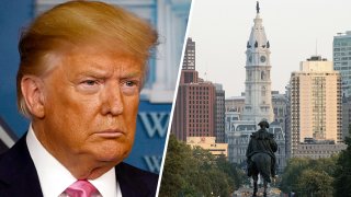 Left: President Donald Trump. Right: Philadelphia City Hall