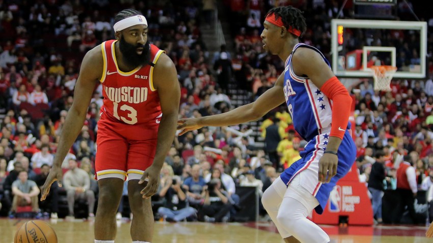 Houston Rockets guard James Harden (13) handles the ball against Philadelphia 76ers guard Josh Richardson (0)