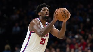 Feb 20, 2020; Philadelphia, Pennsylvania, USA; Philadelphia 76ers center Joel Embiid (21) shoots against the Brooklyn Nets during the second quarter at Wells Fargo Center. Mandatory Credit: Bill Streicher-USA TODAY Sports
