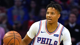 Philadelphia 76ers guard Markelle Fultz (20) pushes the ball up court against the Charlotte Hornets during the fourth quarter at Wells Fargo Center