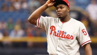 Apr 13, 2018; St. Petersburg, FL, USA; Philadelphia Phillies relief pitcher Hector Neris (50) at Tropicana Field. Mandatory Credit: Kim Klement-USA TODAY Sports
