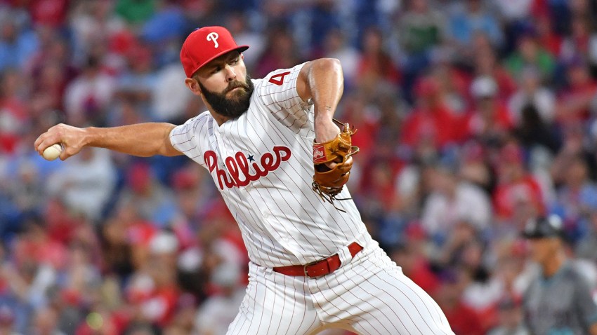 Philadelphia Phillie pitcher Jake Arrieta throws the ball.