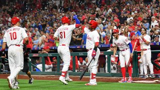 Philadelphia Phillies left fielder Corey Dickerson (31) celebrates his two run home run during the eighth inning with shortstop Jean Segura (2) against the Pittsburgh Pirates at Citizens Bank Park.