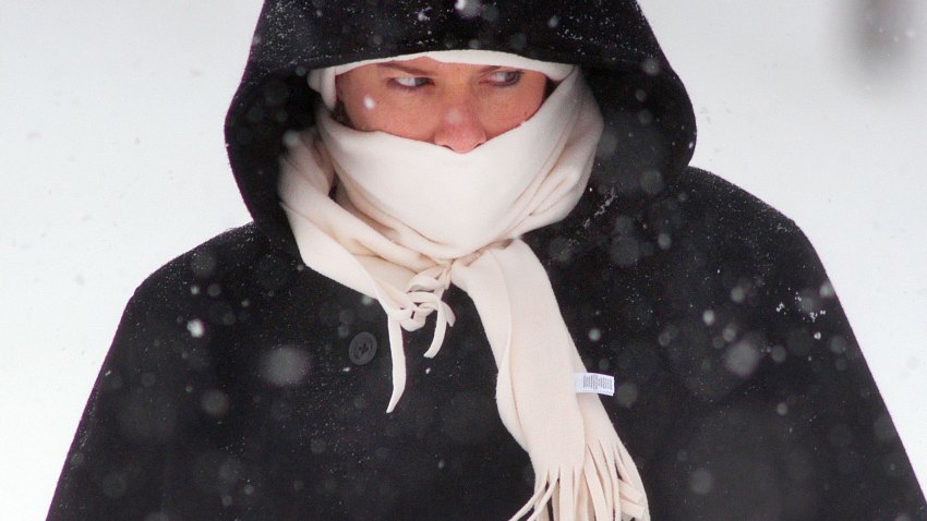 winter storm woman bundled up snowing