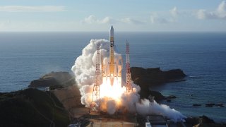 In this photo released by MHI, an H-IIA rocket with United Arab Emirates' Mars orbiter Hope lifts off from Tanegashima Space Center in Kagoshima, southern Japan Monday, July 20, 2020. A United Arab Emirates spacecraft rocketed away Monday on a seven-month journey to Mars, kicking off the Arab world’s first interplanetary mission.