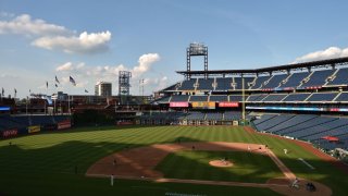 PHILADELPHIA, PA – JULY 25: A view of Citizens Bank Park as Marlins RP Ryne Stanek (55) throws a pitch to Phillies 2B Scott Kingery (4) in the seventh inning during the game between the Miami Marlins and Philadelphia Phillies on July 25, 2020 at Citizens Bank Park in Philadelphia, PA. (Photo by Kyle Ross/Icon Sportswire via Getty Images)