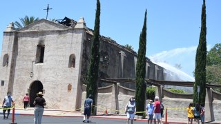 A fire damaged the San Gabriel Mission church.