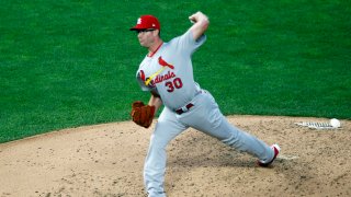 St. Louis Cardinals pitcher Tyler Webb throws in relief against the Minnesota Twins in the fifth inning of a baseball game Wednesday, July 29, 2020, in Minneapolis.