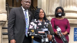 Tamika Palmer, mother of Breonna Taylor, addresses the media in Louisville, Ky. on Thursday, Aug. 13, 2020. Five months after her daughter was shot to death by police, Palmer said she is trying to be patient while waiting to hear if the officers will be charged.