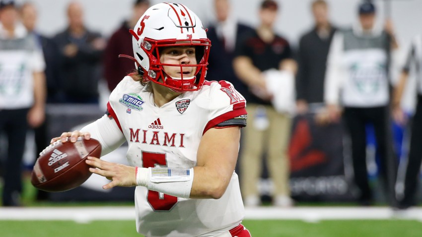 Miami RedHawks quarterback Brett Gabbert (5) looks for a receiver during the Mid-American Conference championship game between the Miami (Ohio) RedHawks and the Central Michigan Chippewas on December 7, 2019