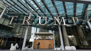 VANCOUVER, BRITISH COLUMBIA - APRIL 11: The entrance to Trump International Hotel Vancouver is closed and boarded up due to the Coronavirus, is seen on April 11, 2020 in Vancouver, Canada. The tourism industry have been hit hard by the restrictions in response to the outbreak of COVID-19.