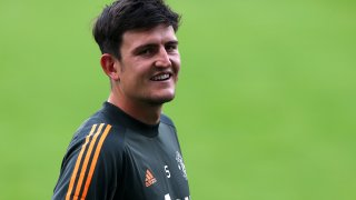 Harry Maguire of Manchester United looks on at a training session at Sportpark Hoehenberg on August 14, 2020 in Cologne, Germany.