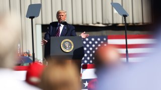 OLD FORGE, PENNSYLVANIA - AUGUST 20: U.S. President Donald J. Trump speaks at his campaign rally on August 20, 2020 in Old Forge, Pennsylvania. President Trump is campaigning in the battleground state of Pennsylvania near the hometown of former Vice President Joe Biden, hours before Biden will accept the Democratic Presidential nomination on the last day of the Democratic National Convention.