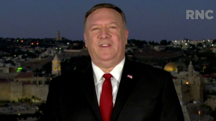 In this screenshot from the RNC’s livestream of the 2020 Republican National Convention, U.S. Secretary of State Mike Pompeo addresses the virtual convention in a pre-recorded video from Jerusalem, Israel, on August 25, 2020.