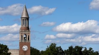 This Oct. 4, 2014, file photo shows a general view of the Bell Tower on the campus of the North Carolina Tar Heels before their game against the Virginia Tech Hokies at Kenan Stadium in Chapel Hill, North Carolina.