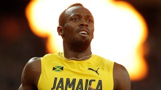 Usain Bolt looks at the big screen to see he has finished 3rd in the mens 100m final during day two of the IAAF World Athletics Championships 2017 at the Olympic Stadium on August 5th 2017 in London