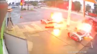 Two gas pumps burst into flames after SUV slams into them in South Brunswick, New Jersey.