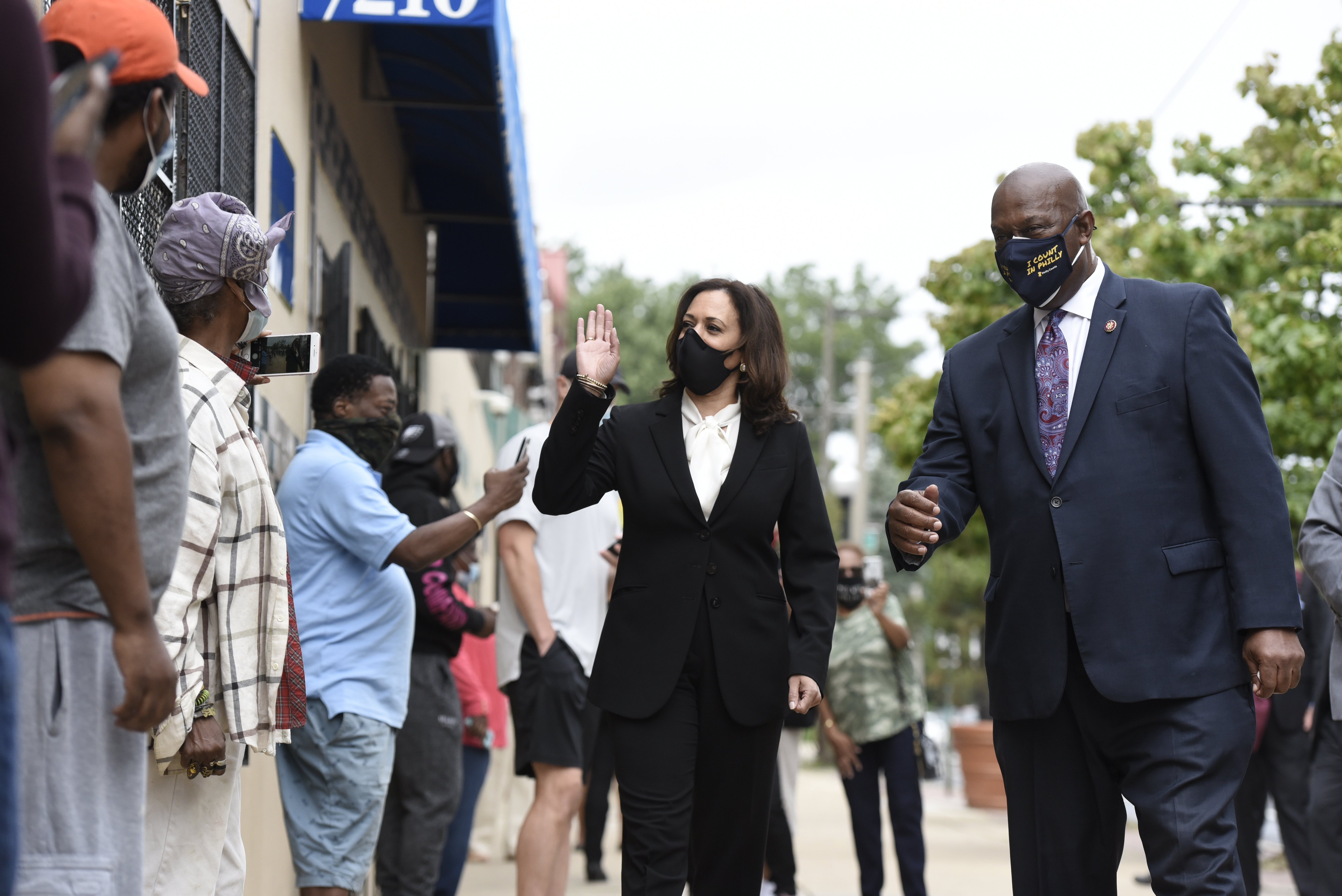 Democratic vice presidential candidate Sen. Kamala Harris, D-Calif., meets Congressman Dwight Evans during a campaign stop, Thursday, Sept. 17, 2020, in Philadelphia.