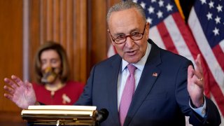 Senate Minority Leader Sen. Chuck Schumer of N.Y., right, speaks next to House Speaker Nancy Pelosi of Calif., during a news conference about COVID-19, Thursday, Sept. 17, 2020, on Capitol Hill in Washington.