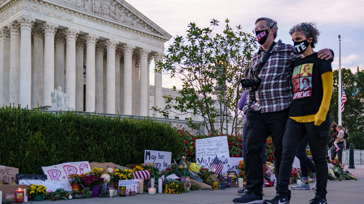 Flowers, Homemade Signs Left Outside Supreme Court in Ginsburg Tribute