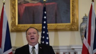 US Secretary of State Mike Pompeo speaks at a press conference with British Foreign Secretary Dominic Raab at the State Department in Washington, DC, on September 16, 2020.