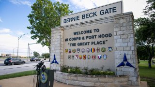 In this June 3, 2016, file photo, the Bernie Beck gate at Fort Hood is seen in Fort Hood, Texas.
