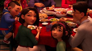 This image released by Netflix shows animated characters, from left, Chin, voiced by Robert G. Chiu, Mrs. Zhong, voiced by Sandra Oh, Fei Fei, voiced by Cathy Ang and Father, voiced by John Cho in a scene from "Over the Moon"