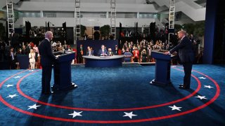 President Donald Trump, right, and Democratic presidential nominee Joe Biden participate in the first presidential debate at the Health Education Campus of Case Western Reserve University on Sept. 29, 2020 in Cleveland, Ohio.