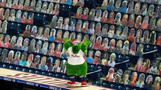 Sep 2, 2020; Philadelphia, Pennsylvania, USA; The Phillie Phanatic cheers on during the seventh inning of a game between the Philadelphia Phillies and the Washington Nationals at Citizens Bank Park. Mandatory Credit: Bill Streicher-USA TODAY Sports
