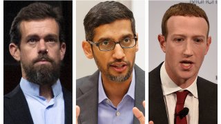 This combination of 2018-2020 photos shows, from left, Twitter CEO Jack Dorsey, Google CEO Sundar Pichai, and Facebook CEO Mark Zuckerberg. Less than a week before Election Day, the CEOs of Twitter, Facebook and Google are set to face a grilling by Republican senators who accuse the tech giants of anti-conservative bias. Democrats are trying to expand the discussion to include other issues such as the companies’ heavy impact on local news.