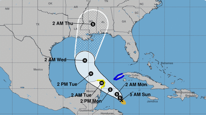 The forecasted path of Tropical Storm Zeta as of Oct. 25, 2020.