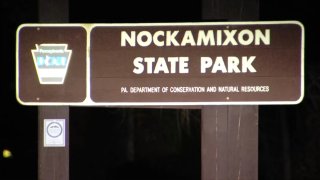 A sign to Nockamixon State Park in Bucks County, Pennsylvania.