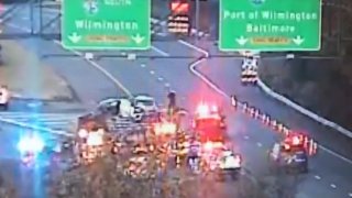 Multiple vehicles are on Interstate 95, near the split with Interstate 495, after a crash near the Pennsylvania and Delaware state lines.