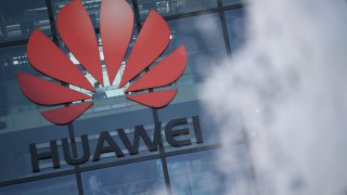 The logo of Chinese company Huawei at their main U.K. offices in Reading, west of London, on January 28, 2020.