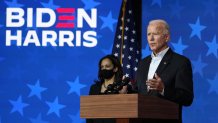 Democratic presidential candidate former Vice President Joe Biden speaks Thursday, Nov. 5, 2020, in Wilmington, Del. Democratic vice presidential candidate Sen. Kamala Harris, D-Calif., stands at left.