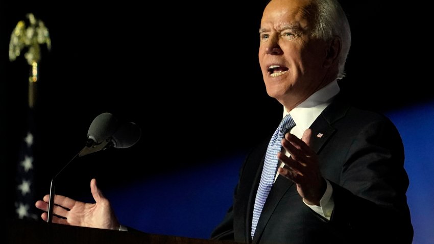 President-elect Joe Biden speaks, Saturday, Nov. 7, 2020, in Wilmington, Del.