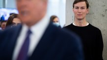 White House Senior Advisor Jared Kushner listens as US President Donald Trump visits his campaign headquarters in Arlington, Virginia, November 3, 2020. - A bitterly divided America was going to the polls on Tuesday amid the worst pandemic in a century and an economic crisis to decide whether to give President Donald Trump four more years or send Democrat Joe Biden to the White House. A record-breaking number of early votes -- more than 100 million -- have already been cast in an election that has the nation on edge and is being closely watched in capitals around the world. (Photo by SAUL LOEB / AFP) (Photo by SAUL LOEB/AFP via Getty Images)