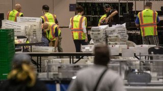 Election workers count ballots at the Philadelphia Convention Center on November 06, 2020 in Philadelphia, Pennsylvania.