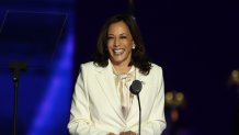 Vice President-elect Kamala Harris addresses the nation from the Chase Center November 07, 2020 in Wilmington, Delaware. After four days of counting the high volume of mail-in ballots in key battleground states due to the coronavirus pandemic, the race was called for Biden after a contentious election battle against incumbent Republican President Donald Trump.