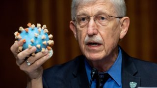 Francis Collins, director of the U.S. National Institutes of Health (NIH), holds a model of Covid-19 while speaking during a Senate Appropriations Subcommittee hearing in Washington, D.C., on Thursday, July 2, 2020.